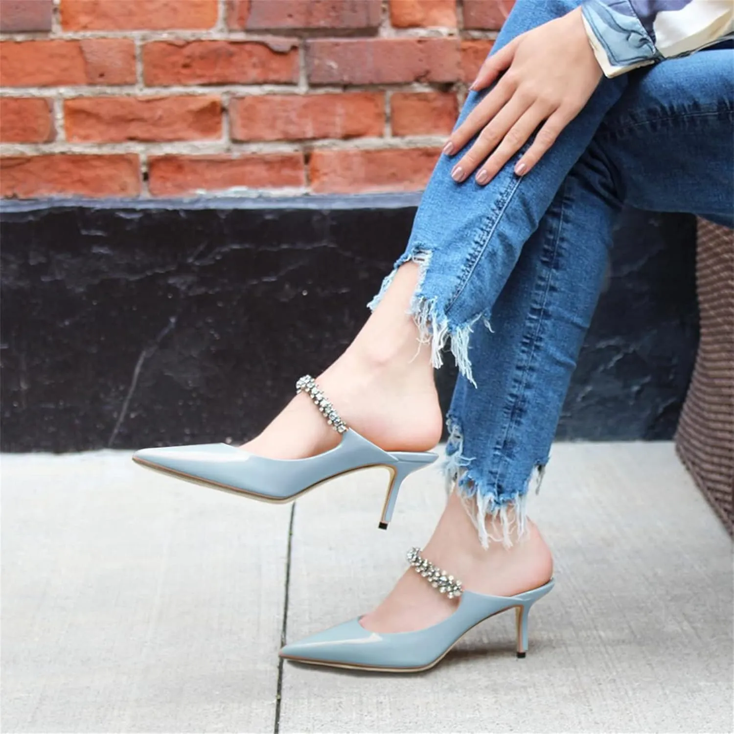 JiaBinji Women High Heels Sandals Mules Rhinestone Strap 4 inches Stiletto Pointed Toe Slip On Sandals Handmade Backless Summer Bridal Dress Shoes