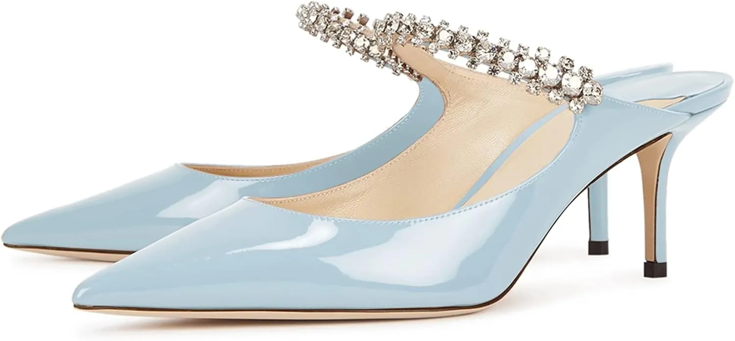 JiaBinji Women High Heels Sandals Mules Rhinestone Strap 4 inches Stiletto Pointed Toe Slip On Sandals Handmade Backless Summer Bridal Dress Shoes