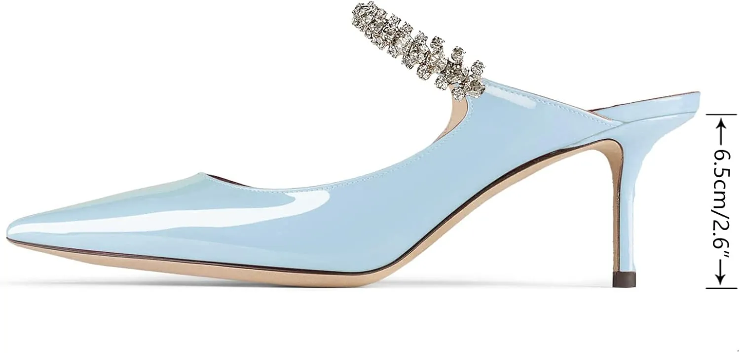 JiaBinji Women High Heels Sandals Mules Rhinestone Strap 4 inches Stiletto Pointed Toe Slip On Sandals Handmade Backless Summer Bridal Dress Shoes