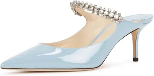 JiaBinji Women High Heels Sandals Mules Rhinestone Strap 4 inches Stiletto Pointed Toe Slip On Sandals Handmade Backless Summer Bridal Dress Shoes