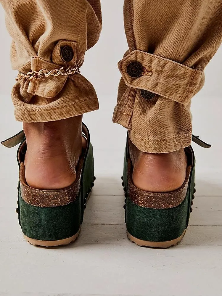 JORISTIMO Women's Cork Flatform Sandals Dual Buckled Band Suede Clogs Platform Slip On Sandals
