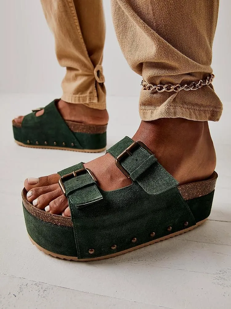 JORISTIMO Women's Cork Flatform Sandals Dual Buckled Band Suede Clogs Platform Slip On Sandals