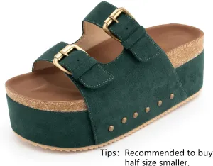 JORISTIMO Women's Cork Flatform Sandals Dual Buckled Band Suede Clogs Platform Slip On Sandals