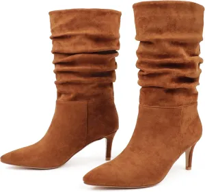 JOY IN LOVE Women's Low Heel Boots, Mid-Calf High Wrinkled Slouchy Boots