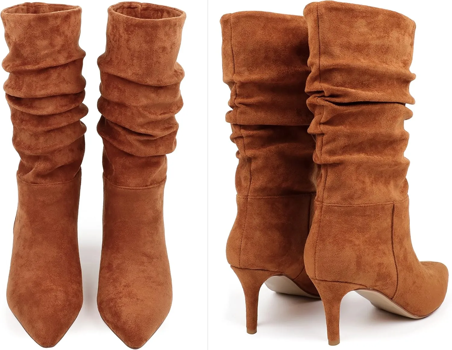 JOY IN LOVE Women's Low Heel Boots, Mid-Calf High Wrinkled Slouchy Boots