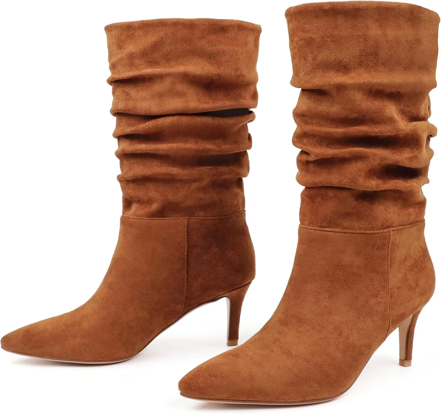 JOY IN LOVE Women's Low Heel Boots, Mid-Calf High Wrinkled Slouchy Boots