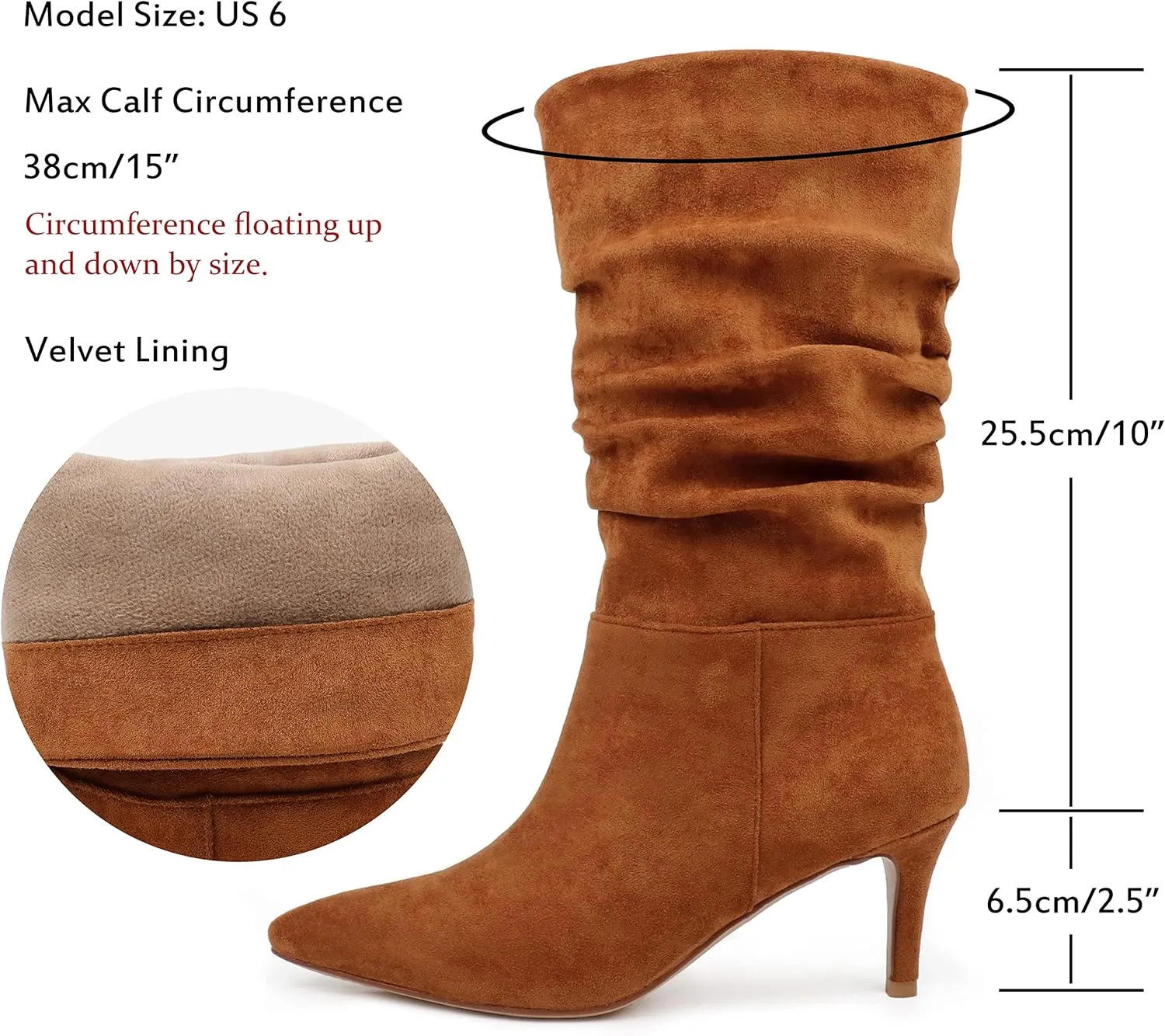 JOY IN LOVE Women's Low Heel Boots, Mid-Calf High Wrinkled Slouchy Boots