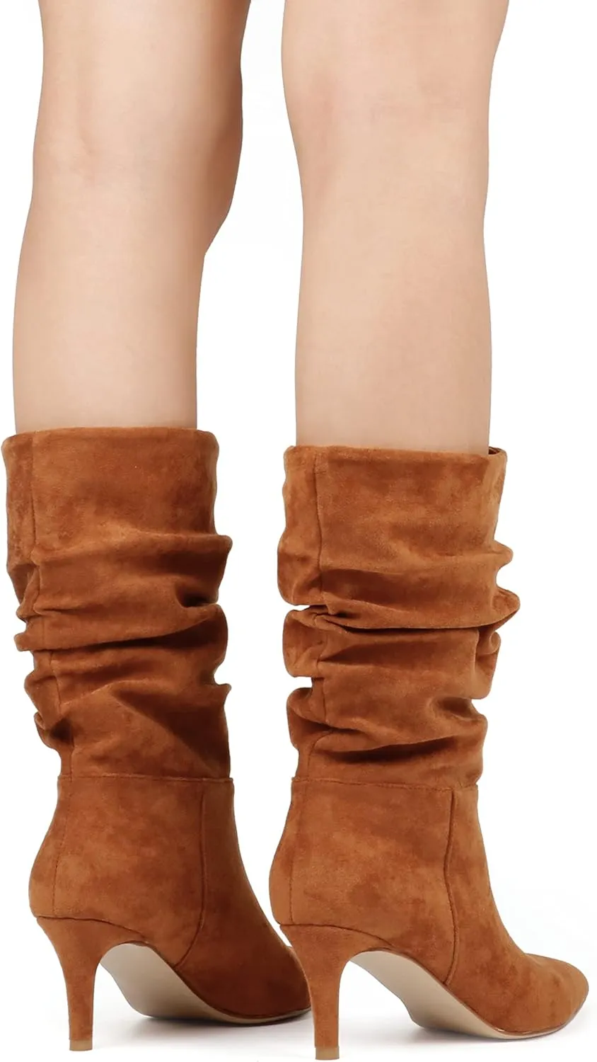 JOY IN LOVE Women's Low Heel Boots, Mid-Calf High Wrinkled Slouchy Boots