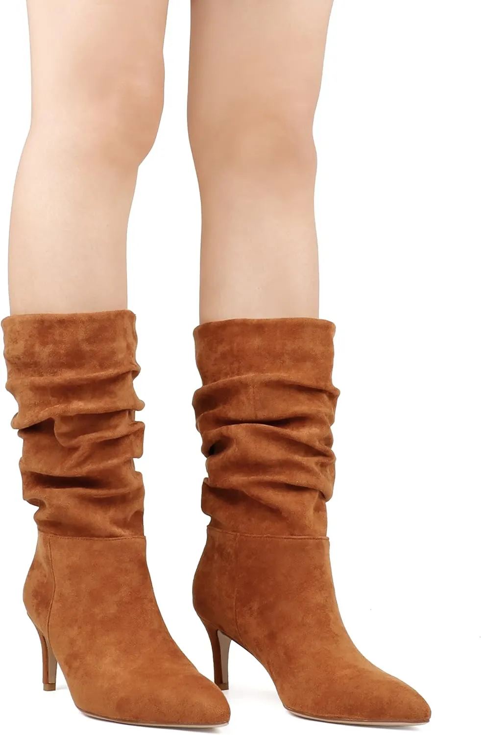 JOY IN LOVE Women's Low Heel Boots, Mid-Calf High Wrinkled Slouchy Boots