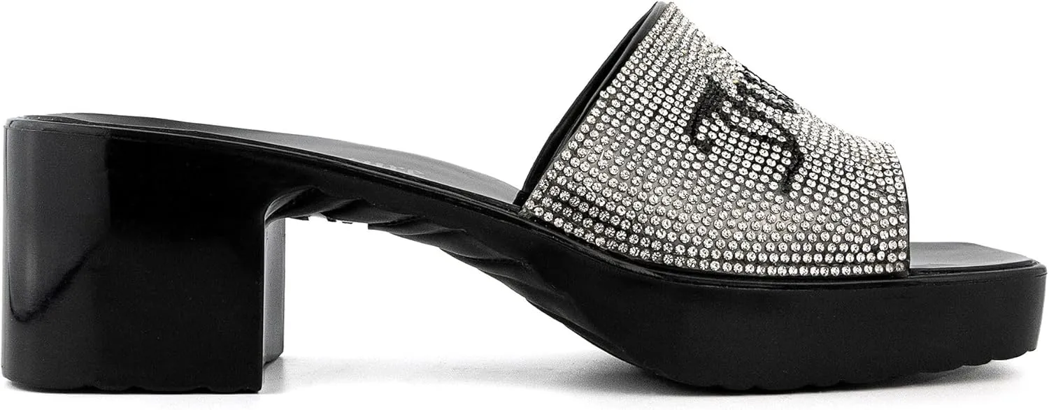 JUICY COUTURE Women's Heeled Slide Sandals - Slip-On Glitz Dress Sandals For Women - Open toe Dress Sandal with Glitter Rhinestone Accents on strap