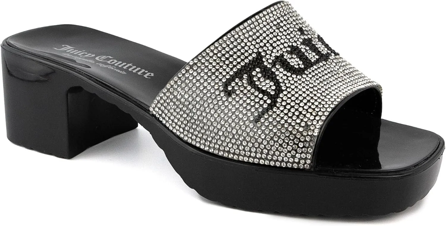 JUICY COUTURE Women's Heeled Slide Sandals - Slip-On Glitz Dress Sandals For Women - Open toe Dress Sandal with Glitter Rhinestone Accents on strap