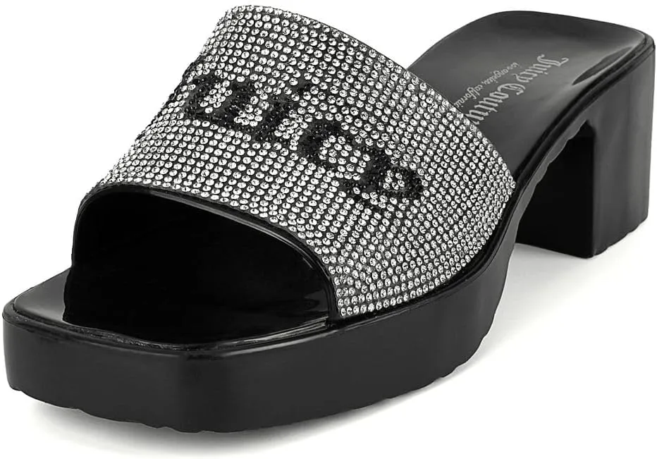 JUICY COUTURE Women's Heeled Slide Sandals - Slip-On Glitz Dress Sandals For Women - Open toe Dress Sandal with Glitter Rhinestone Accents on strap
