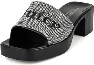 JUICY COUTURE Women's Heeled Slide Sandals - Slip-On Glitz Dress Sandals For Women - Open toe Dress Sandal with Glitter Rhinestone Accents on strap