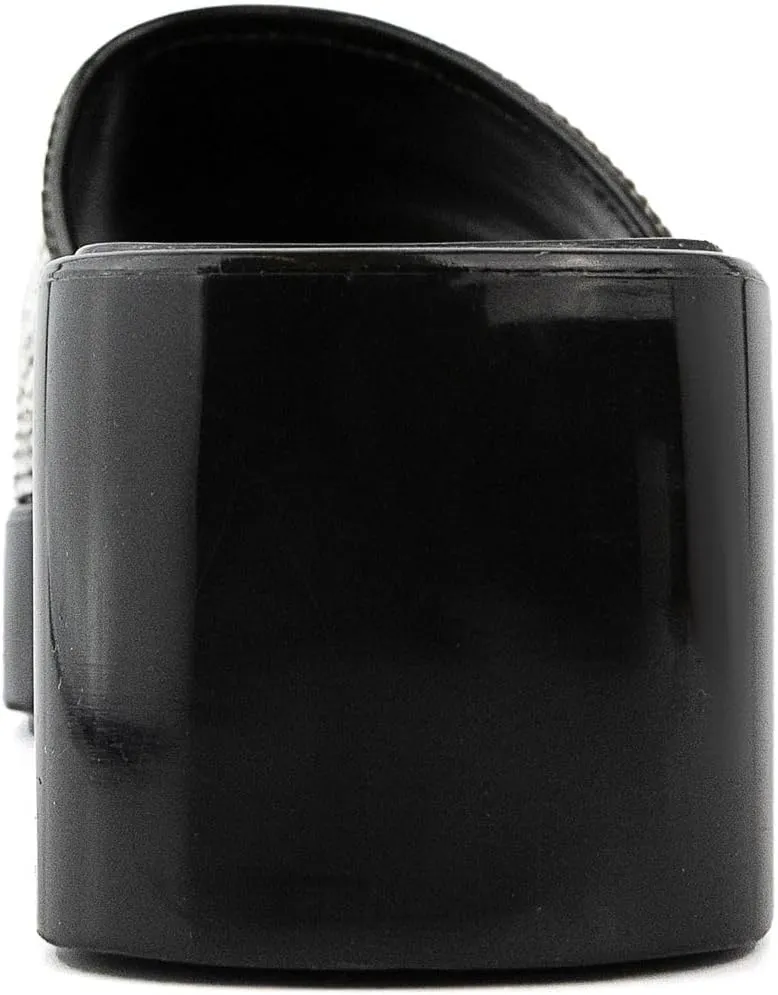 JUICY COUTURE Women's Heeled Slide Sandals - Slip-On Glitz Dress Sandals For Women - Open toe Dress Sandal with Glitter Rhinestone Accents on strap