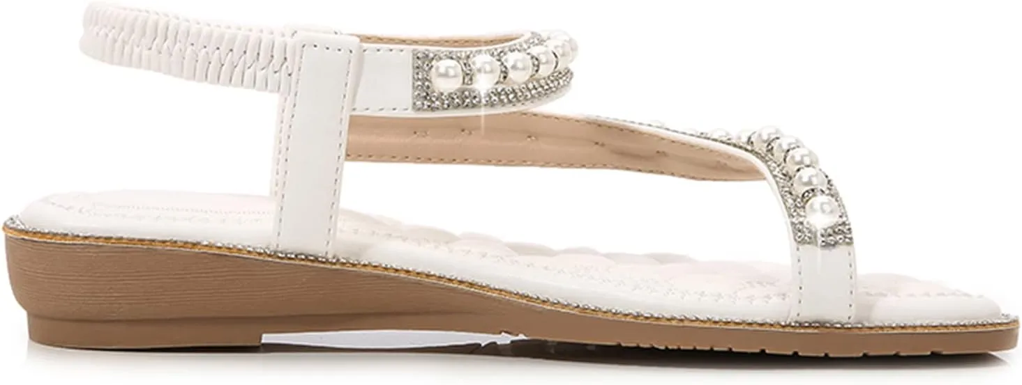 Julymens Women's Rhinestone Pearl Sandals Elastic Ankle Strap Toe Ring Dressy Beach Wedding Shoes