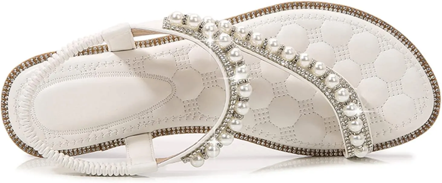 Julymens Women's Rhinestone Pearl Sandals Elastic Ankle Strap Toe Ring Dressy Beach Wedding Shoes