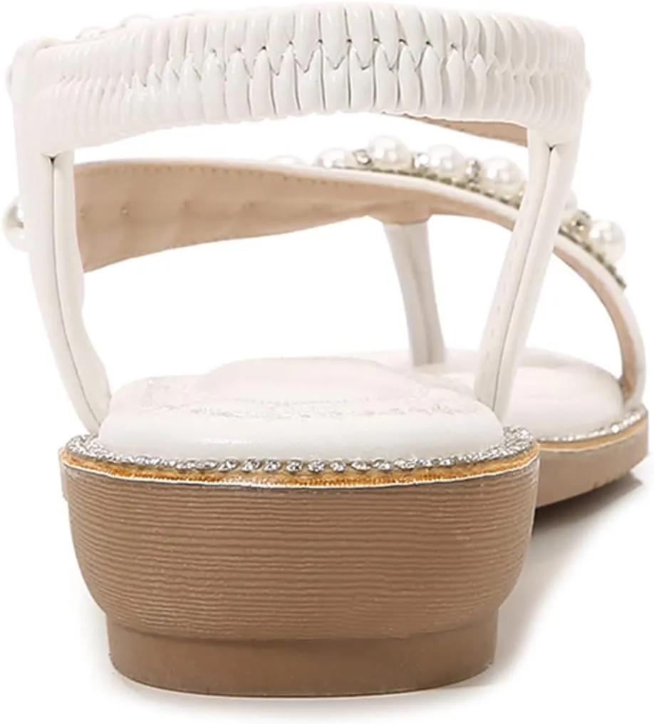 Julymens Women's Rhinestone Pearl Sandals Elastic Ankle Strap Toe Ring Dressy Beach Wedding Shoes
