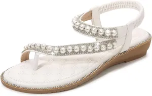 Julymens Women's Rhinestone Pearl Sandals Elastic Ankle Strap Toe Ring Dressy Beach Wedding Shoes