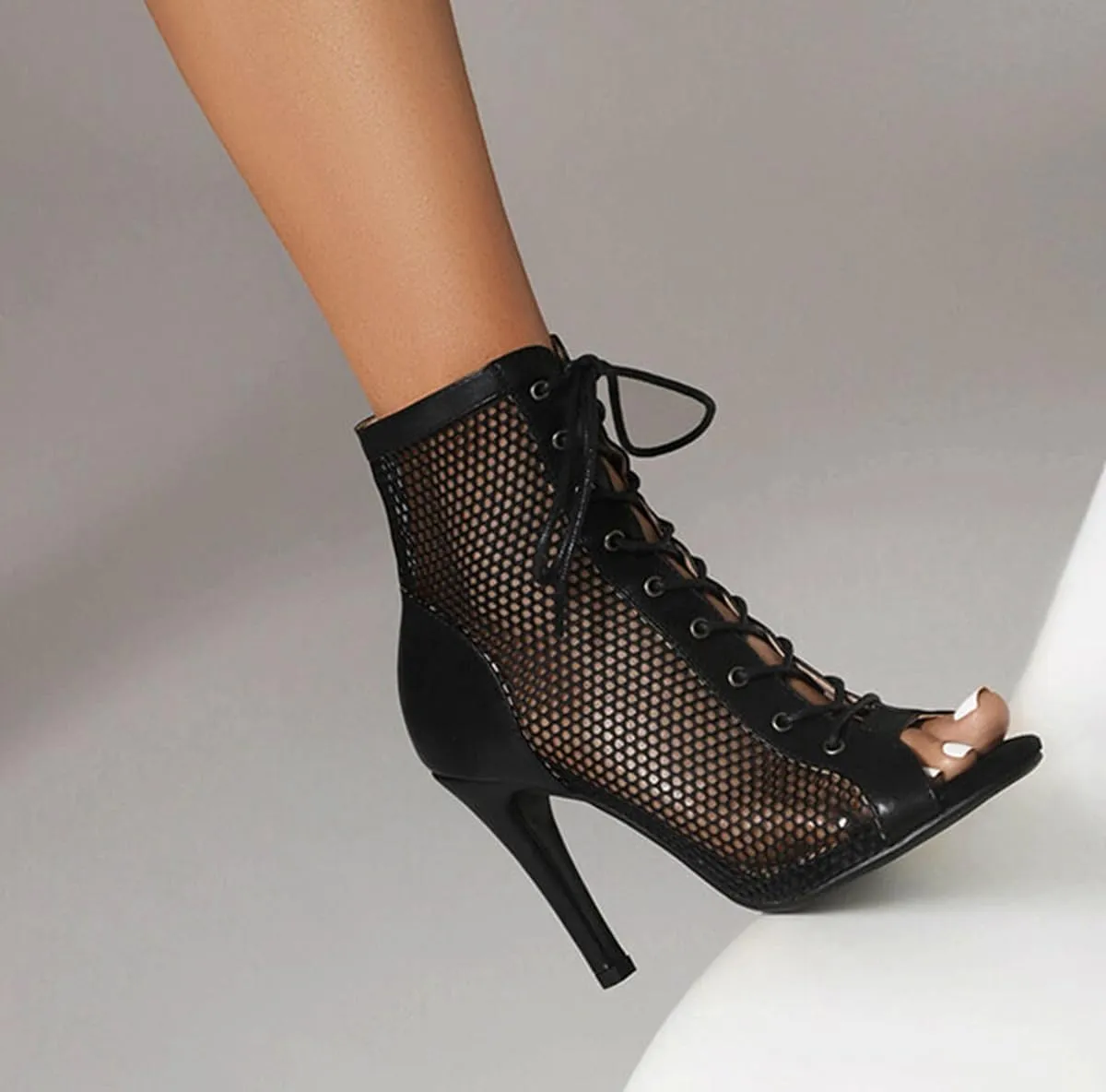 JXUZY Women's Lace-up Mesh Sandals Jazz Dance High Heels Peep Toe Ankle Boots