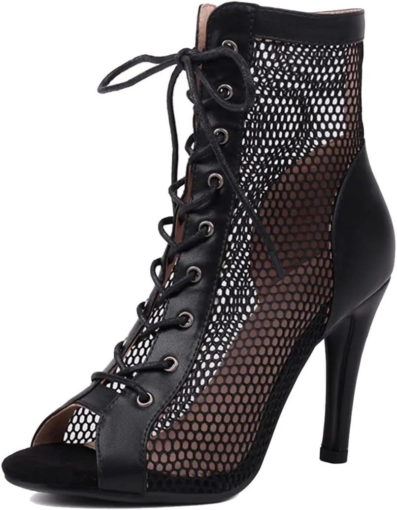 JXUZY Women's Lace-up Mesh Sandals Jazz Dance High Heels Peep Toe Ankle Boots