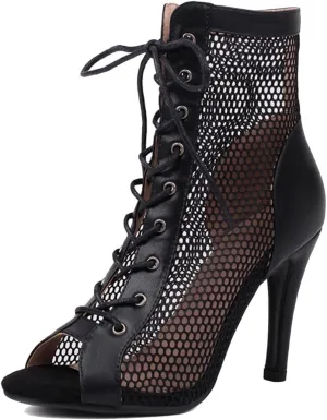 JXUZY Women's Lace-up Mesh Sandals Jazz Dance High Heels Peep Toe Ankle Boots