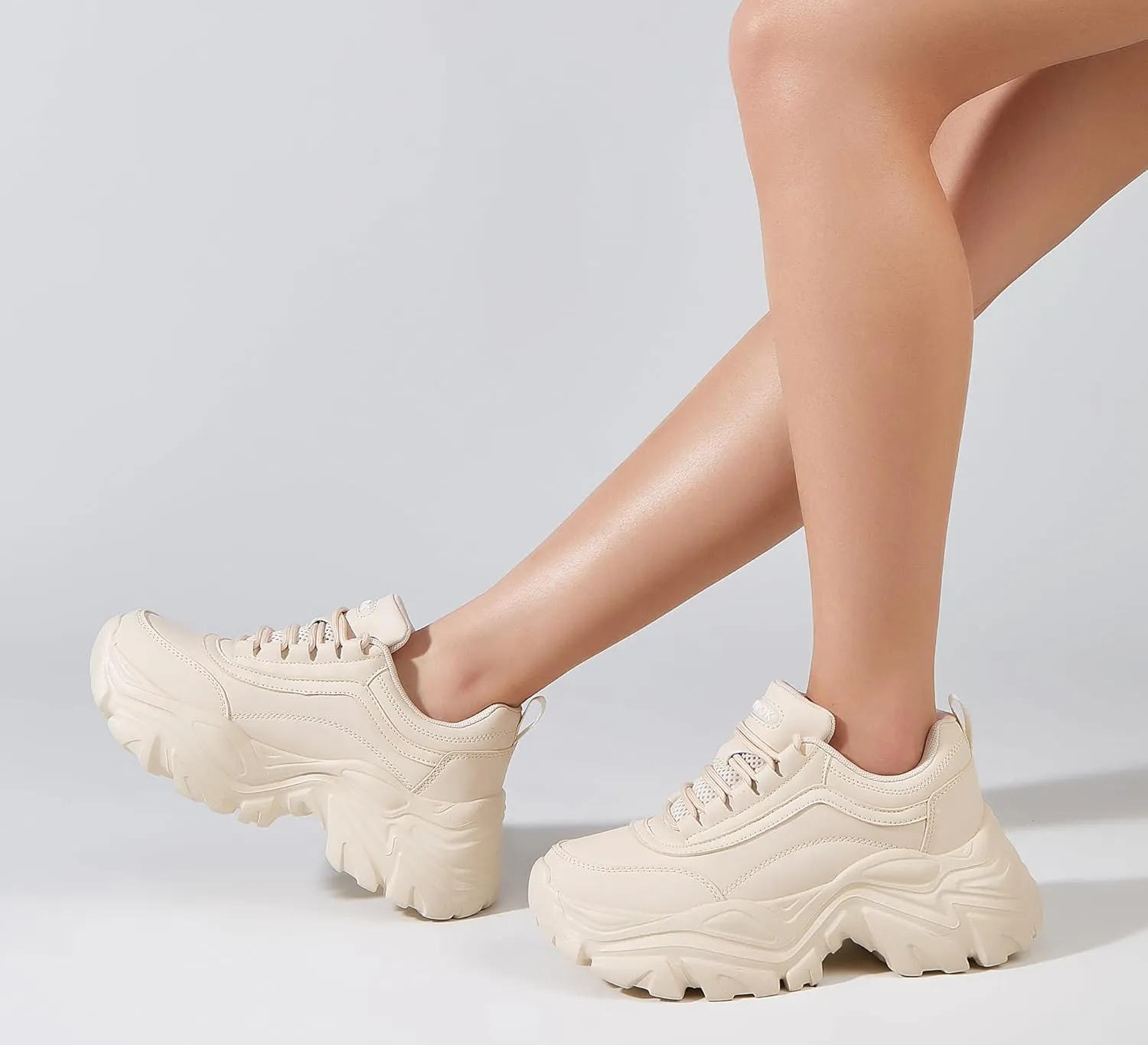 K KIP WOK Chunky Sneakers for Women Fashion Platform White Leather Casual Dad Shoes Comfortable Wedge Walking Sport Sneakers