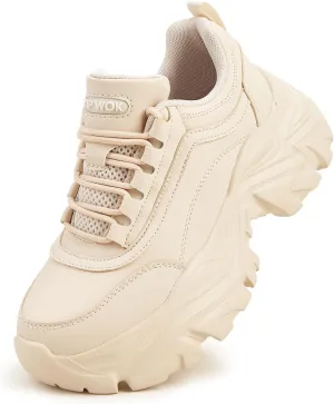 K KIP WOK Chunky Sneakers for Women Fashion Platform White Leather Casual Dad Shoes Comfortable Wedge Walking Sport Sneakers