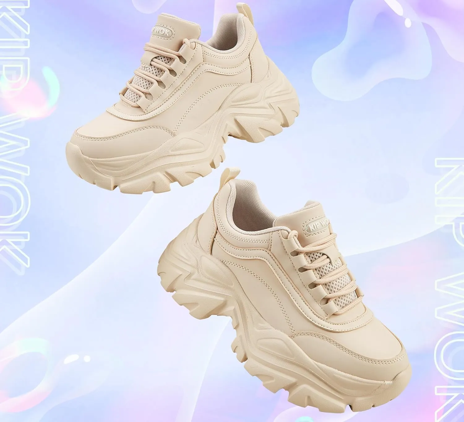 K KIP WOK Chunky Sneakers for Women Fashion Platform White Leather Casual Dad Shoes Comfortable Wedge Walking Sport Sneakers