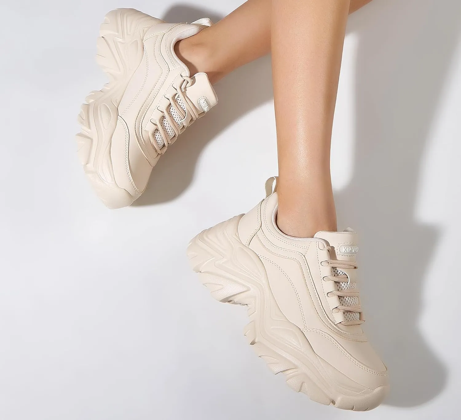 K KIP WOK Chunky Sneakers for Women Fashion Platform White Leather Casual Dad Shoes Comfortable Wedge Walking Sport Sneakers