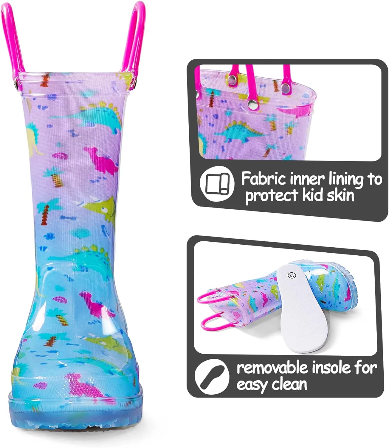 K KomForme Kids Rain Boots, Waterproof Light up Boots with Easy-on Handles