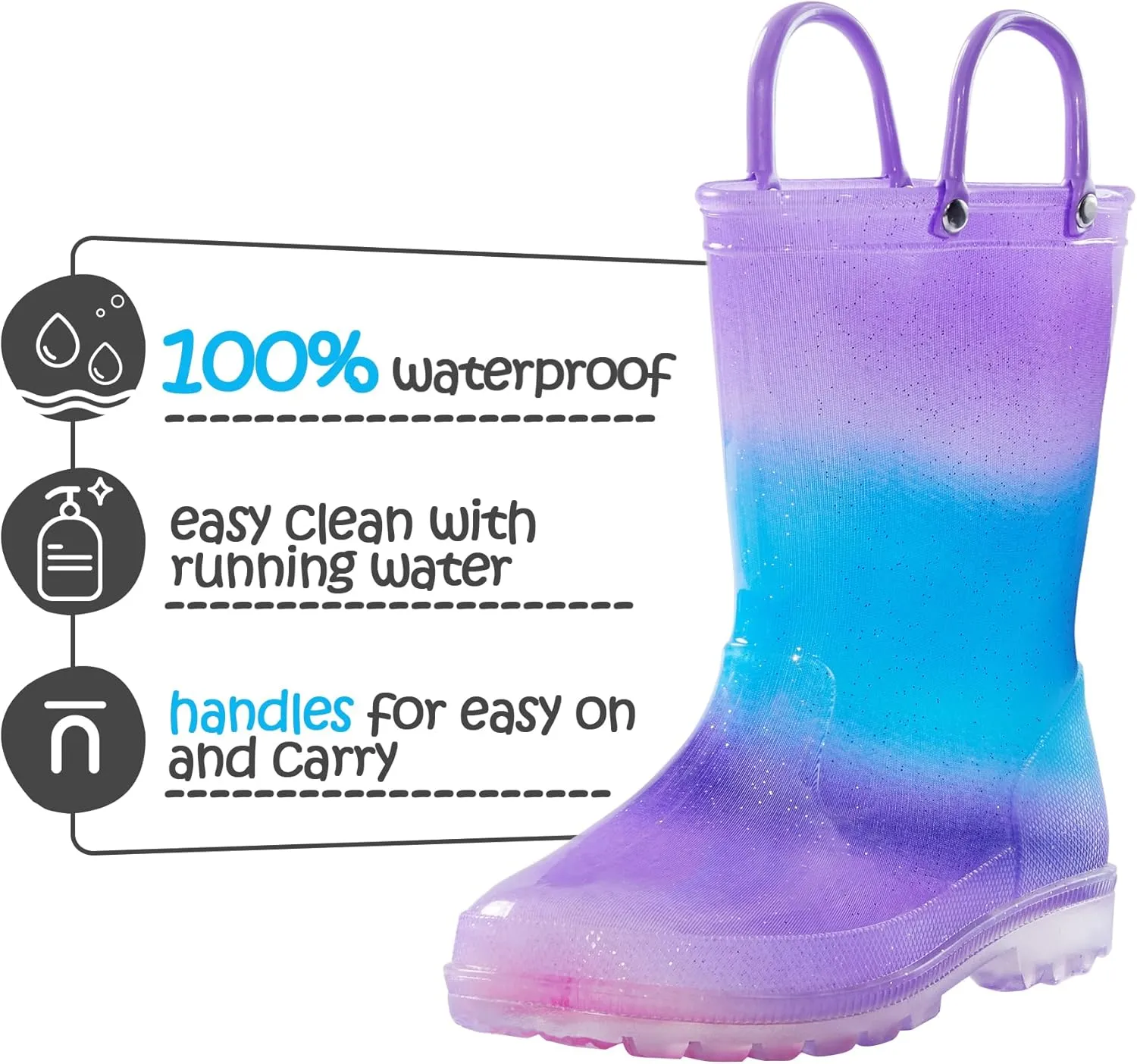 K KomForme Kids Rain Boots, Waterproof Light up Boots with Easy-on Handles