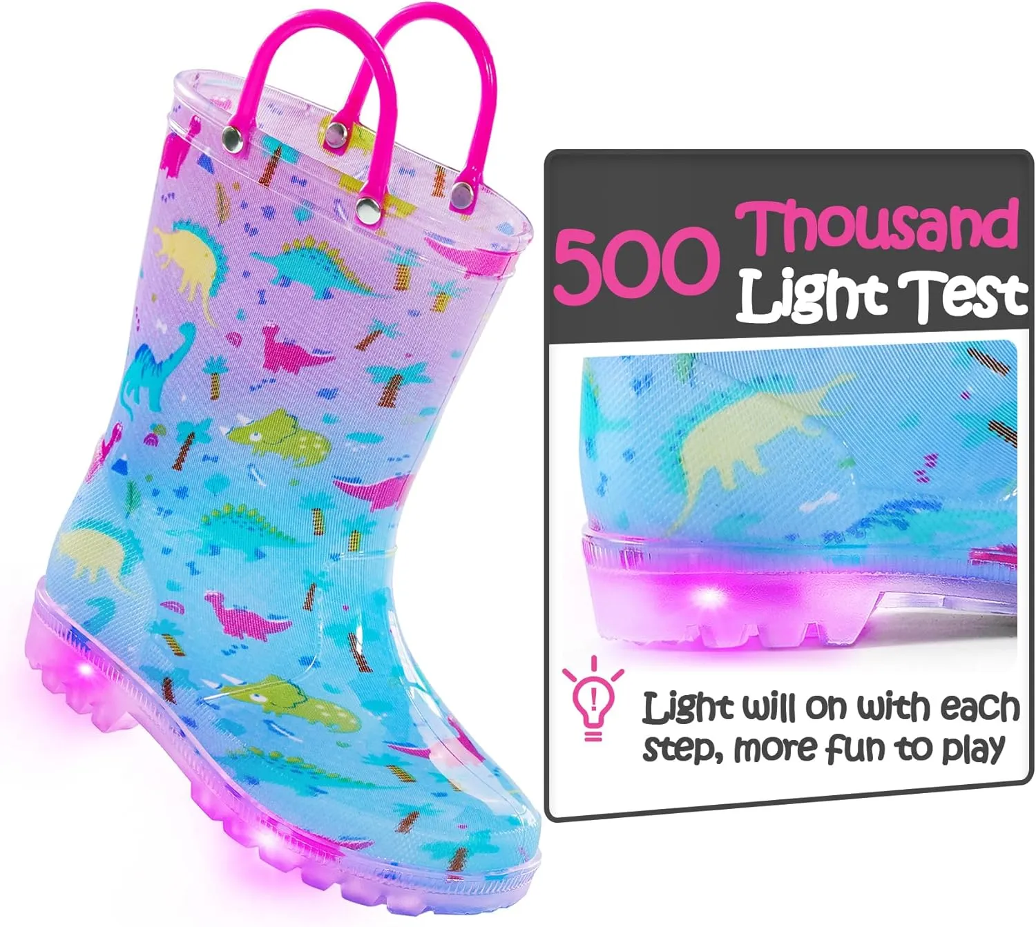 K KomForme Kids Rain Boots, Waterproof Light up Boots with Easy-on Handles
