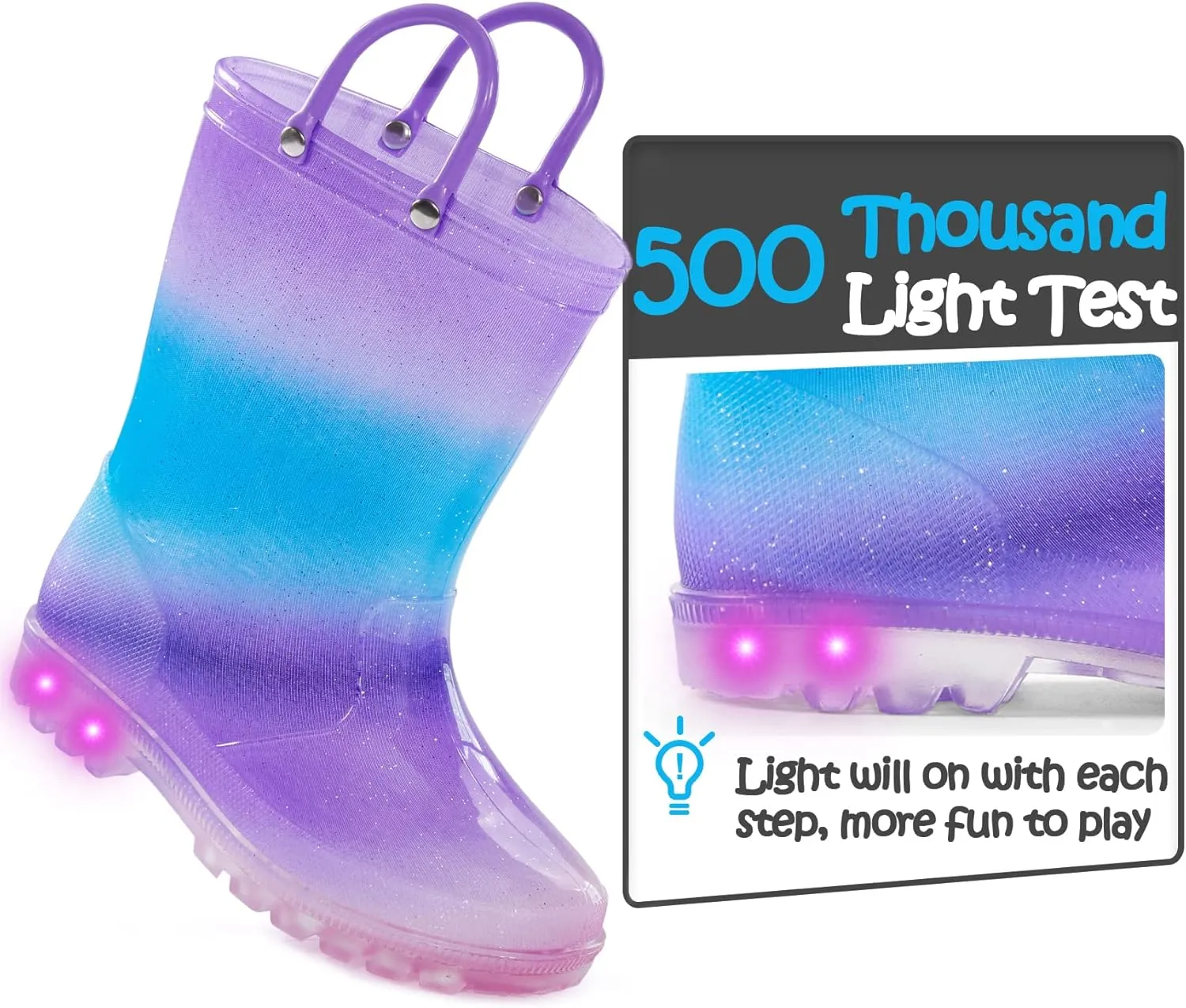 K KomForme Kids Rain Boots, Waterproof Light up Boots with Easy-on Handles