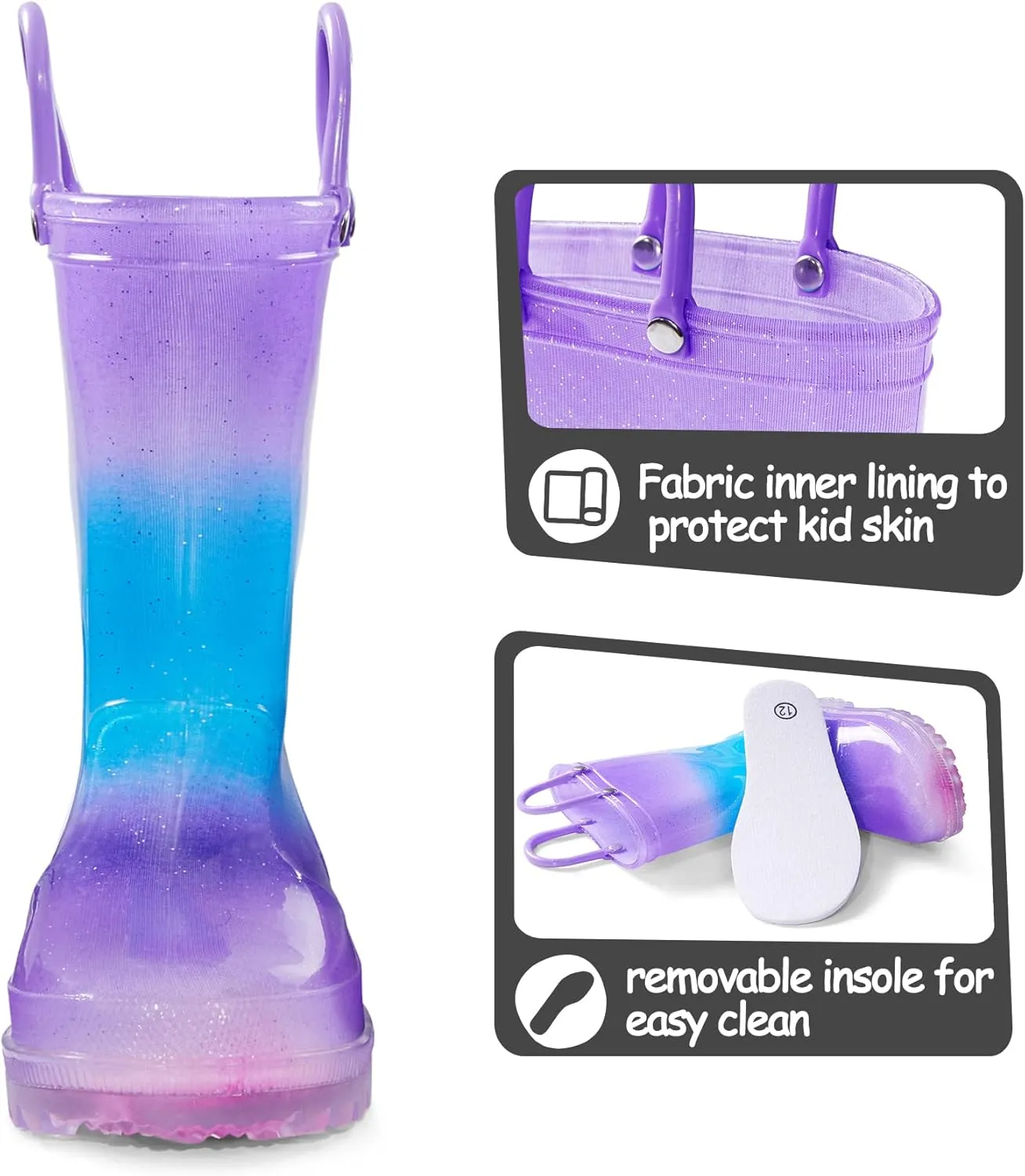 K KomForme Kids Rain Boots, Waterproof Light up Boots with Easy-on Handles