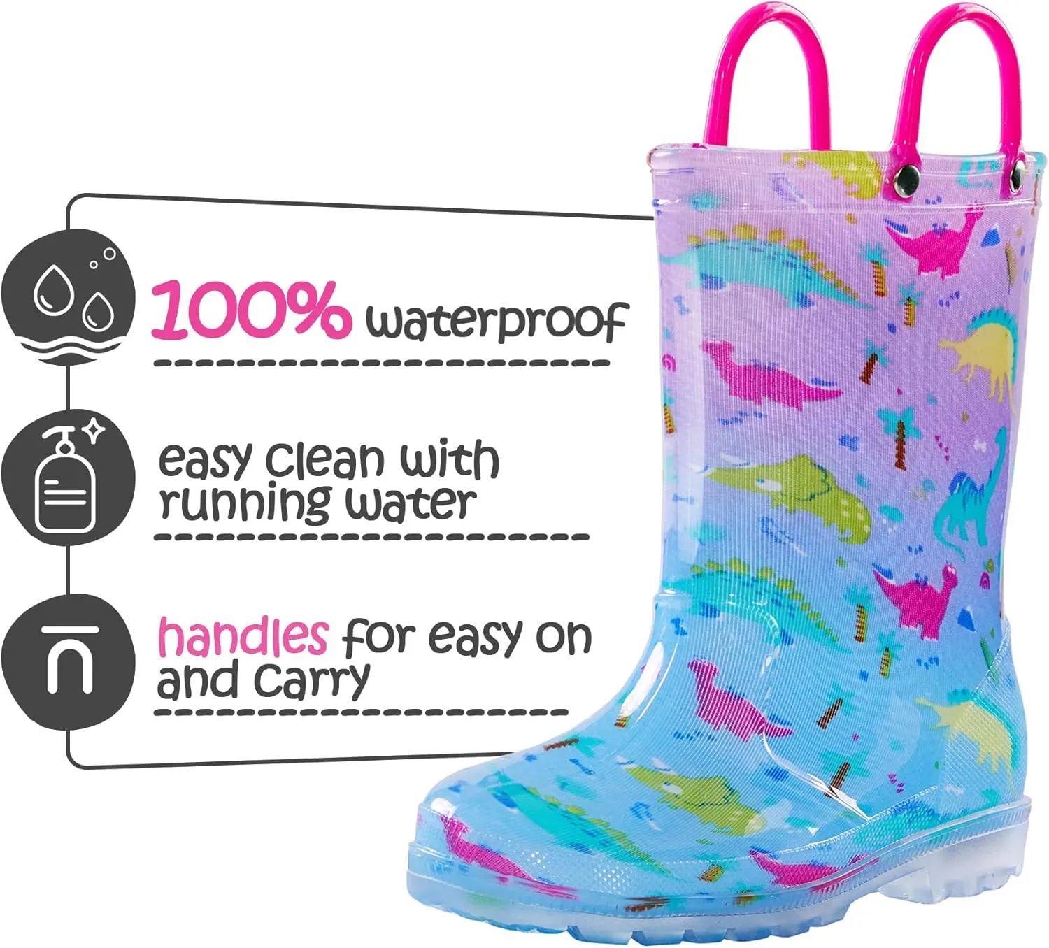K KomForme Kids Rain Boots, Waterproof Light up Boots with Easy-on Handles