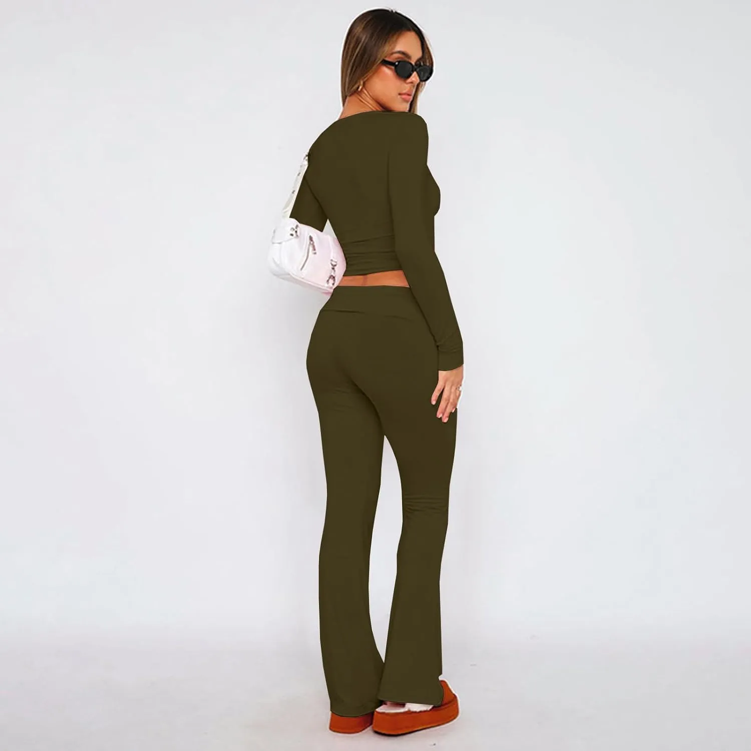 kaimimei Women's 2 Piece Lounge Outfits Slim Long Sleeve Tops High Waist Foldover Flare Leggings Sets Casual Yoga Sweatsuit