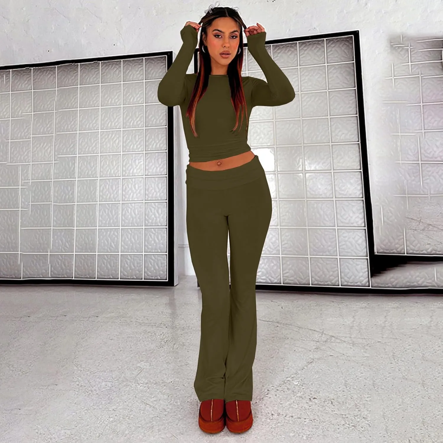 kaimimei Women's 2 Piece Lounge Outfits Slim Long Sleeve Tops High Waist Foldover Flare Leggings Sets Casual Yoga Sweatsuit