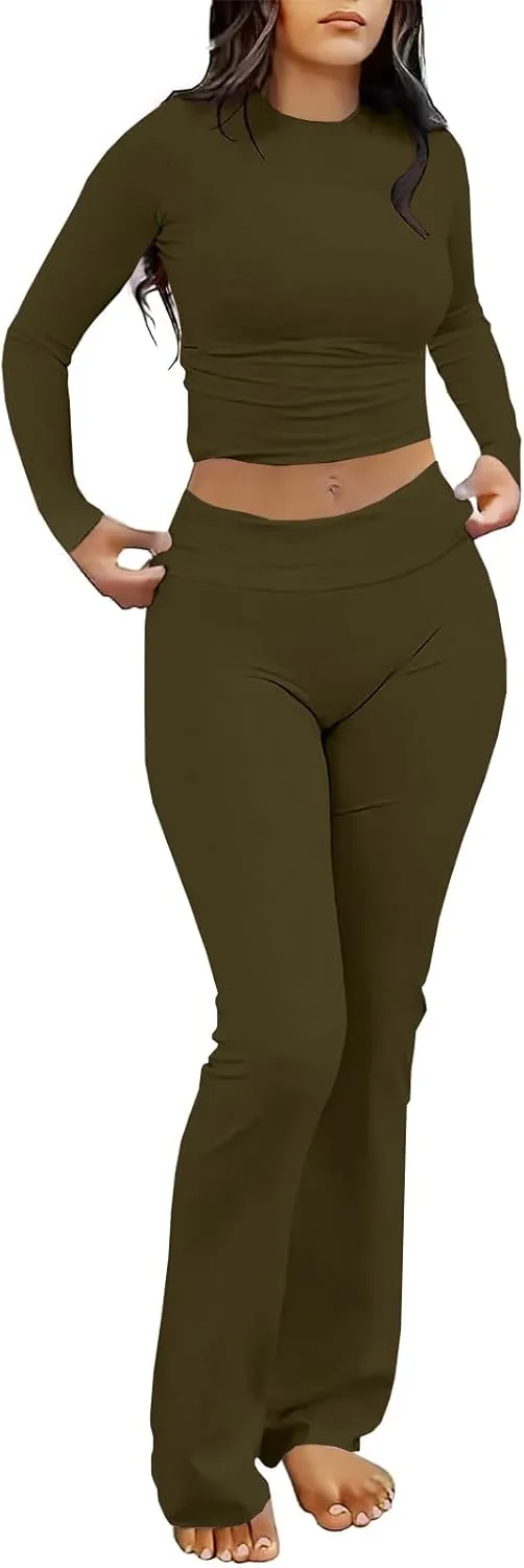 kaimimei Women's 2 Piece Lounge Outfits Slim Long Sleeve Tops High Waist Foldover Flare Leggings Sets Casual Yoga Sweatsuit