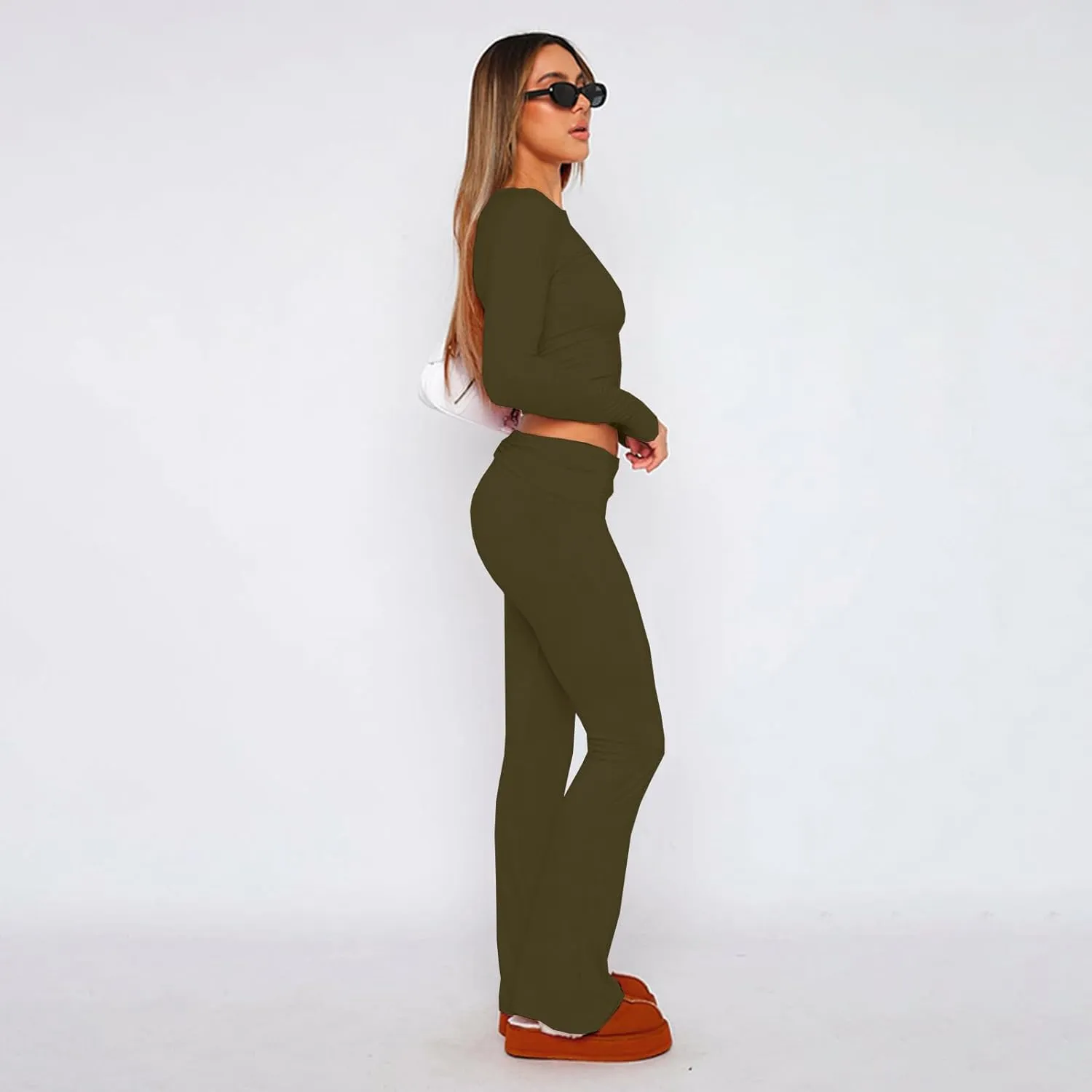 kaimimei Women's 2 Piece Lounge Outfits Slim Long Sleeve Tops High Waist Foldover Flare Leggings Sets Casual Yoga Sweatsuit