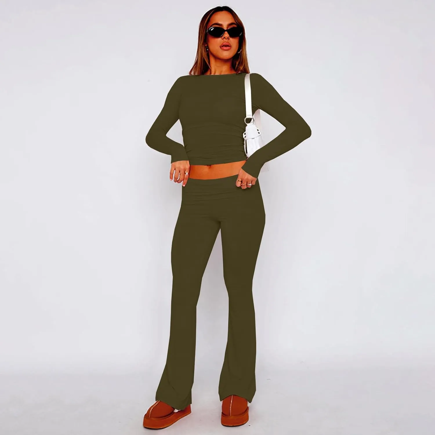 kaimimei Women's 2 Piece Lounge Outfits Slim Long Sleeve Tops High Waist Foldover Flare Leggings Sets Casual Yoga Sweatsuit
