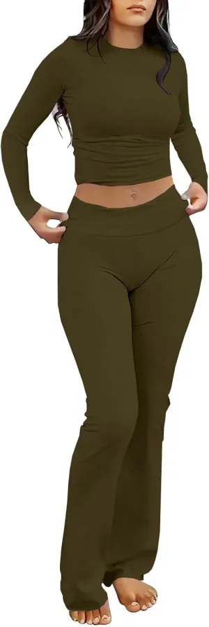 kaimimei Women's 2 Piece Lounge Outfits Slim Long Sleeve Tops High Waist Foldover Flare Leggings Sets Casual Yoga Sweatsuit