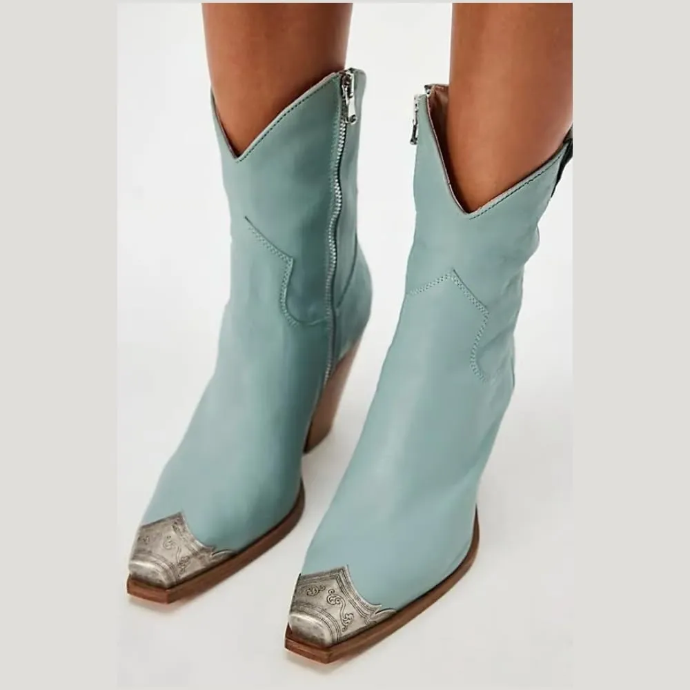 keleimusi Women's Western Cowgirl Ankle Boots Stacked Block Heel Cowboy Booties Steel Toe Heeled Short Cowboy Boots Side Zipper Western Booties for Women