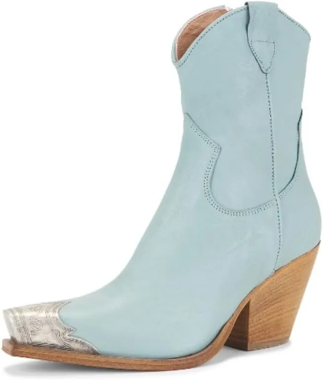 keleimusi Women's Western Cowgirl Ankle Boots Stacked Block Heel Cowboy Booties Steel Toe Heeled Short Cowboy Boots Side Zipper Western Booties for Women