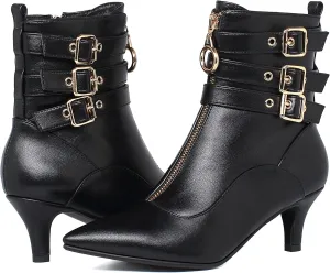 KISSASA Womens Buckle Strap Kitten Heel Booties Pointed Toe Zipper Ankle Boots
