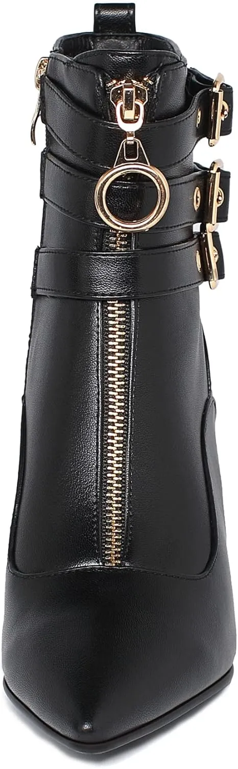 KISSASA Womens Buckle Strap Kitten Heel Booties Pointed Toe Zipper Ankle Boots