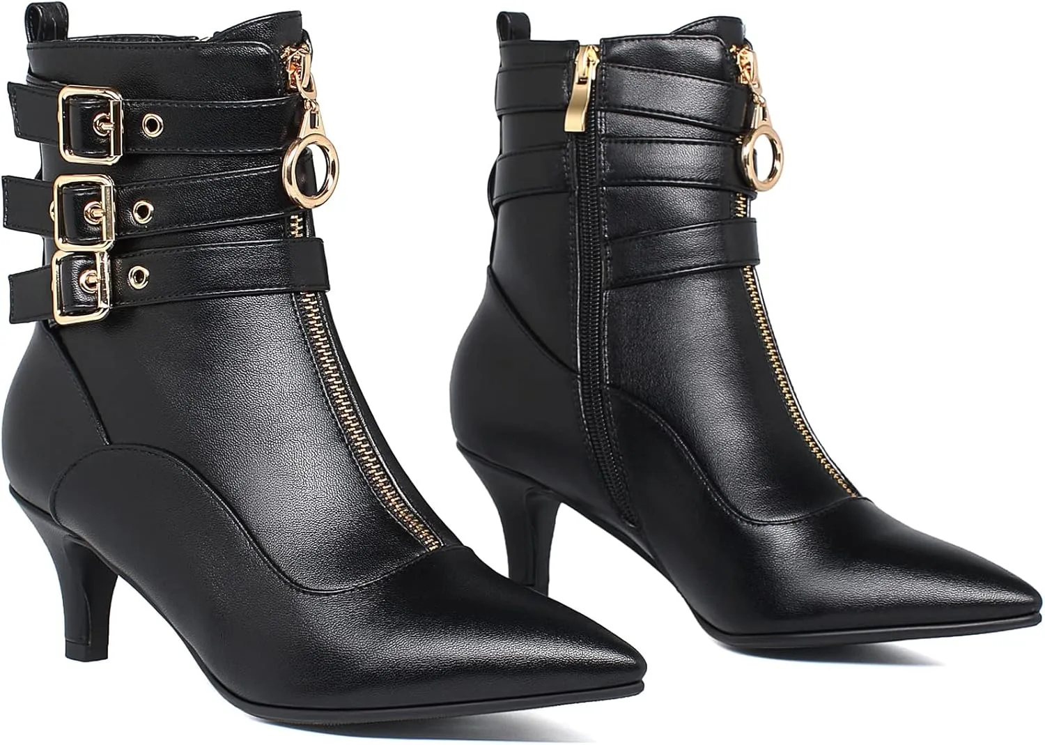 KISSASA Womens Buckle Strap Kitten Heel Booties Pointed Toe Zipper Ankle Boots