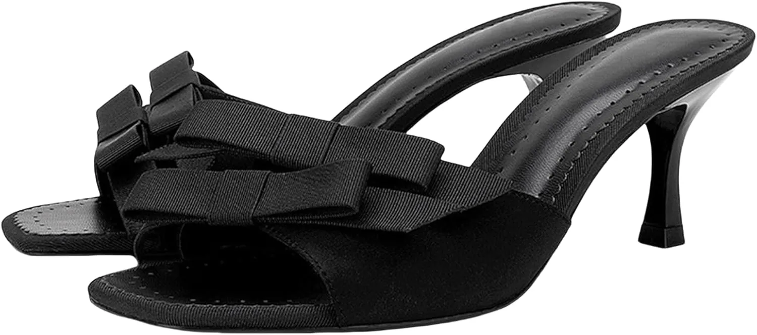 Kitten Heels Bow Mules for Women Round Toe Sling Back Heels Sandals