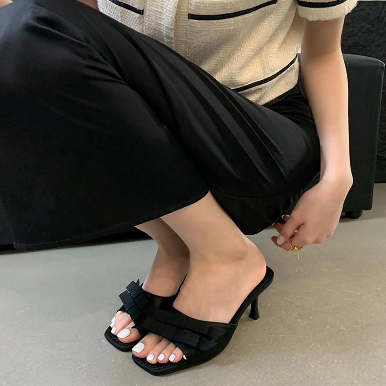 Kitten Heels Bow Mules for Women Round Toe Sling Back Heels Sandals