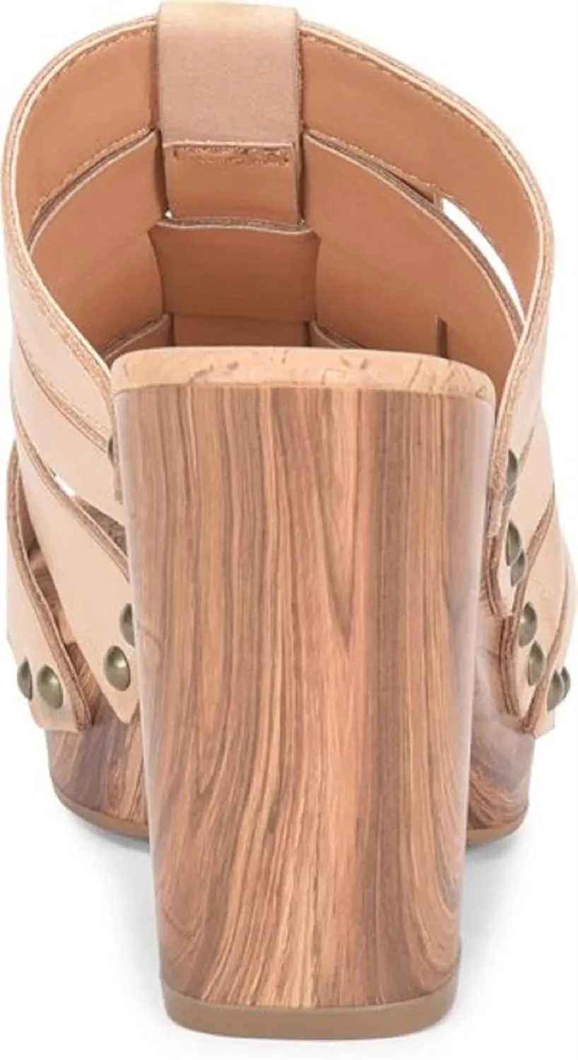 KORK-EASE Devan Women's Heeled Sandal – Hand-Burnished Woven Leather with Antiqued Rivets & Woodgrain Heel