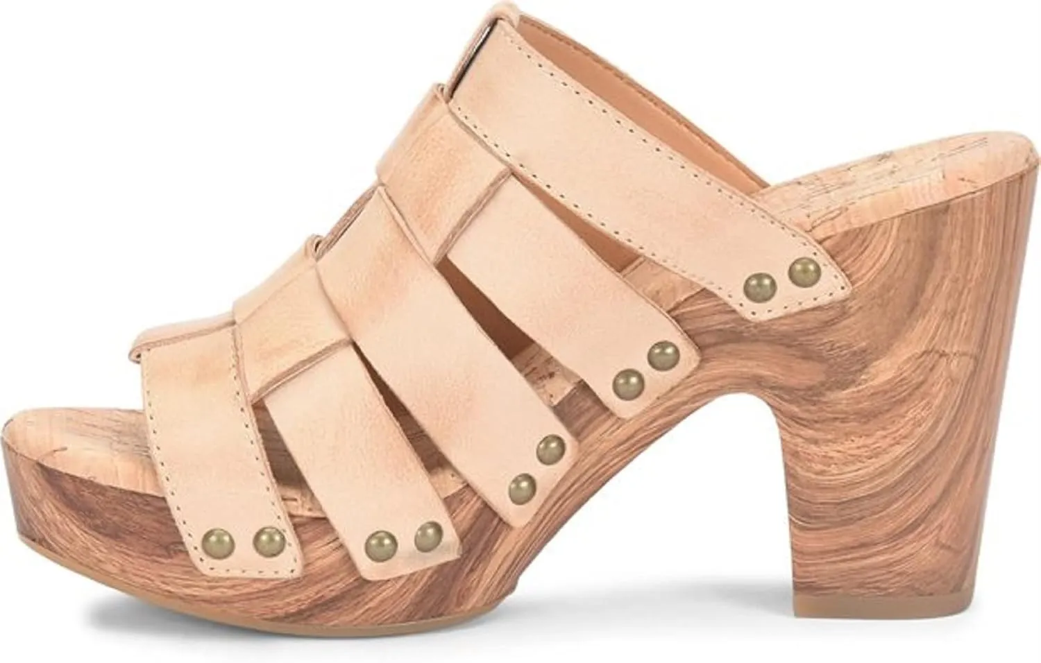 KORK-EASE Devan Women's Heeled Sandal – Hand-Burnished Woven Leather with Antiqued Rivets & Woodgrain Heel